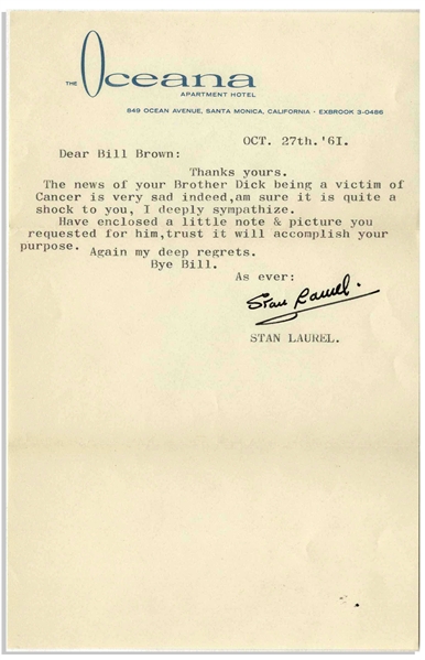 Stan Laurel Letter Signed With His Full Name -- Laurel Sends His Sympathies Following a Cancer Diagnosis -- With PSA/DNA COA